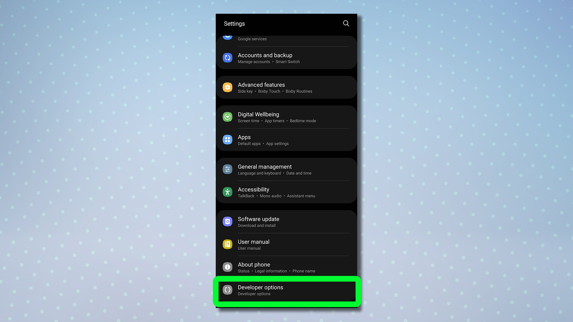 A screenshot showing the Android settings menu with developer options enabled