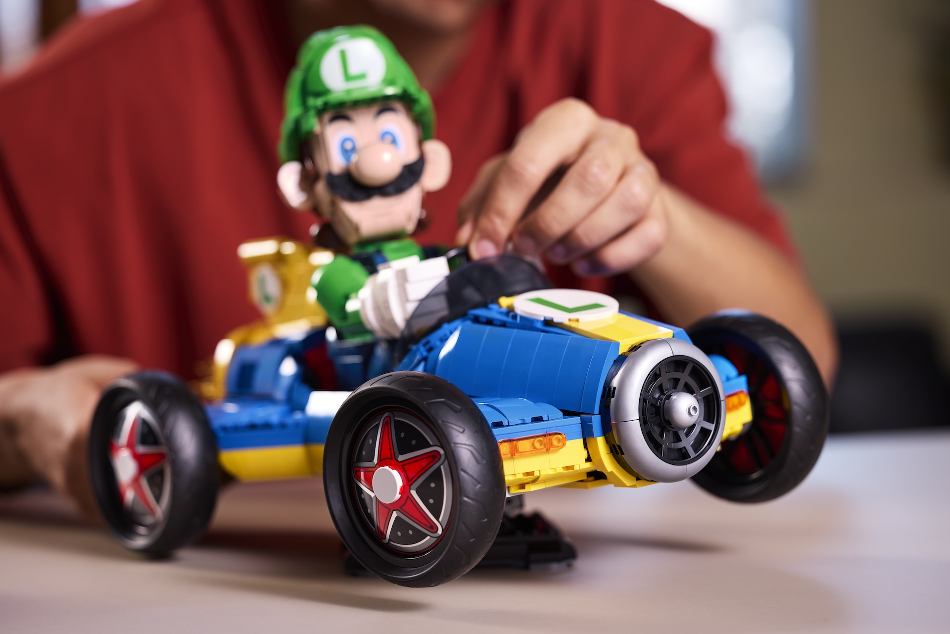 Different angles of the LEGO Luigi Mario Kart set 