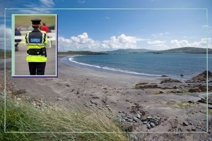 A collage of White Strand Beach in County Kerry and an Irish policewoman