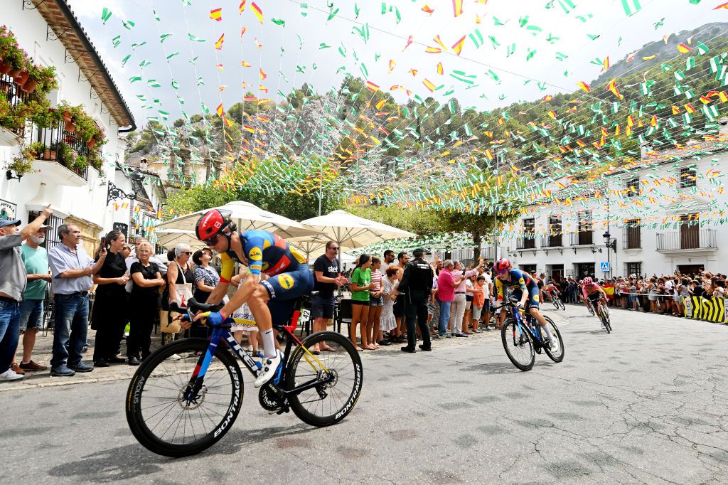 YUNQUERA SPAIN AUGUST 22 Giulio Ciccone of Italy and Team Lidl Trek competes passing Grazalema village while fans cheer during the La Vuelta 79th Tour of Spain 2024 Stage 6 a 1855km stage from Jerez de la Frontera to Yunquera UCIWT on August 22 2024 in Yunquera Spain Photo by Dario BelingheriGetty Images