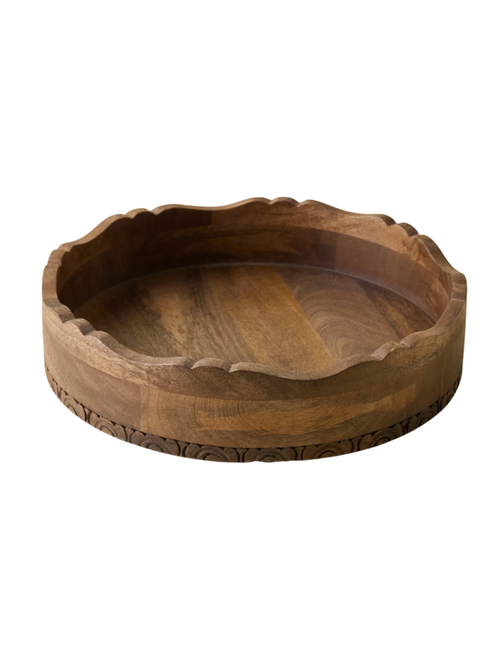 Caroline Carved Wood Round Scalloped Tray