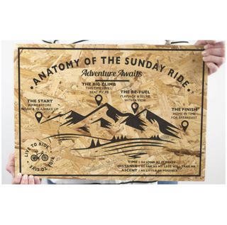 A wooden block with 'Anatomy of the Sunday Ride' written across the top, mountains in the centre, and notations for personalised points of interest.