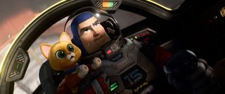 Buzz and his cat in a spacecraft.