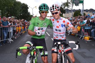 Sunweb's Michael Matthews and Warren Barguil in their respective jersey on the final stage of the Tour de France