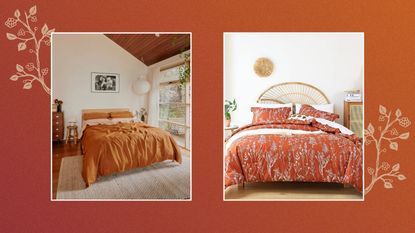 Two pictures of fall bedding on an orange background