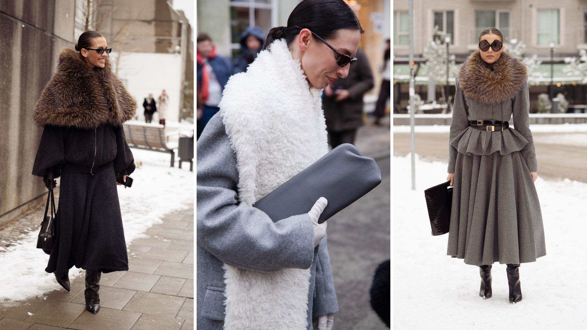 a collage of three women wearing faux fur collars during copenhagen fashion week