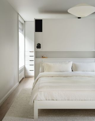 A white bedroom with white bedding