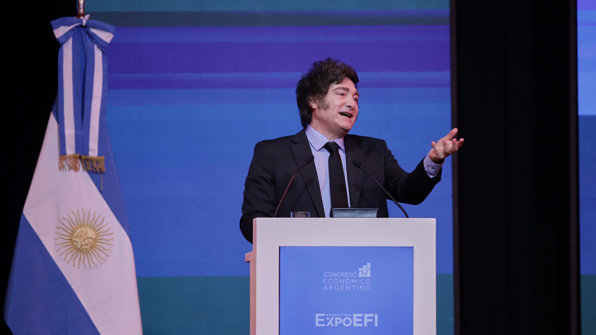 Argentinian President Javier Milei gives a speech in Buenos Aires on April 30, 2025. 