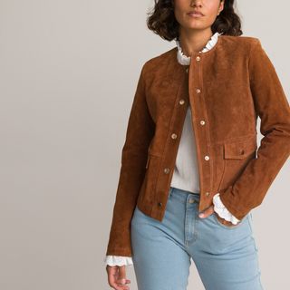 Suede Press-Stud Jacket With Round Neck