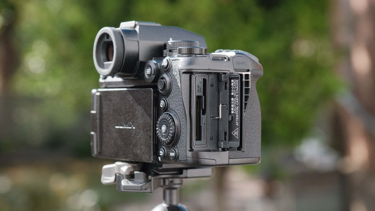 Panasonic Lumix S1 II camera on a tripod with green trees in the background