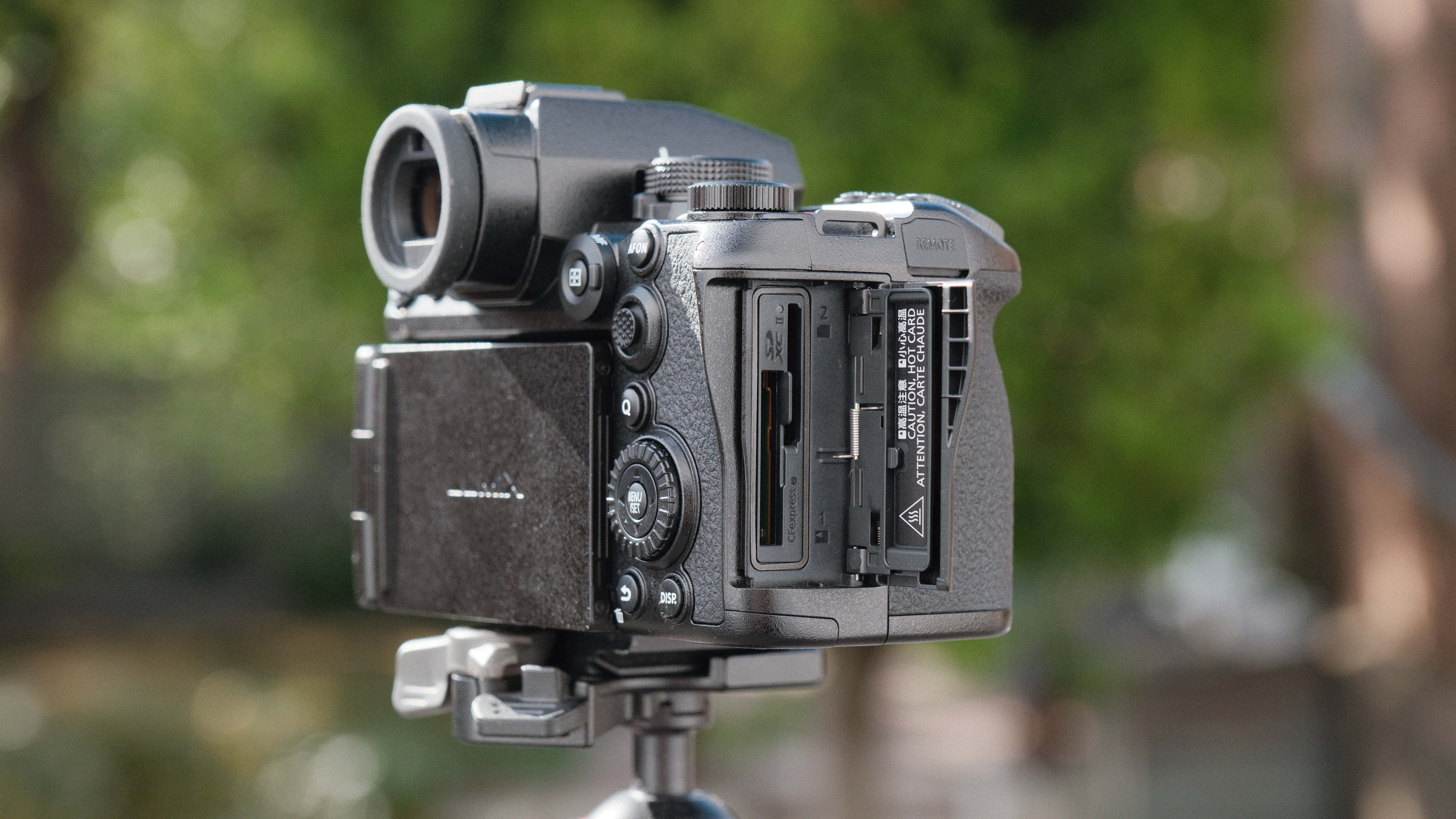Panasonic Lumix S1 II camera on a tripod with green trees in the background