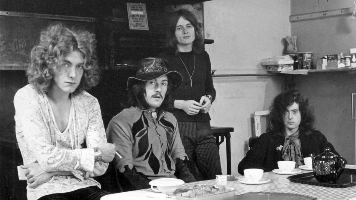 Led Zeppelin in a kitchen at Hollywood hotel Chateau Marmont in 1969