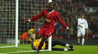Salif Diao celebrates after scoring the fourth goal for Liverpool in their 5-0 Champions League win against Spartak Moscow at Anfield in October 2002