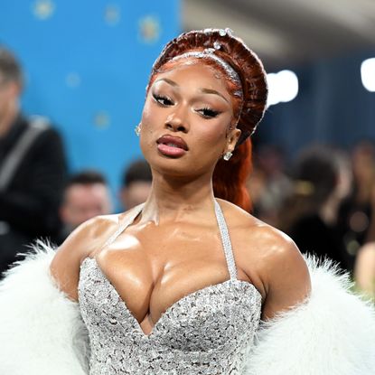 Megan Thee Stallion pictured wearing a sculptural ponytail at the 2025 Met Gala