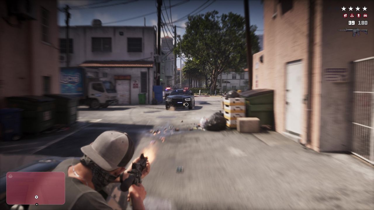 Jason shoots at oncoming police cars in a 4-star Wanted car chase, from the GTA 6 extended look