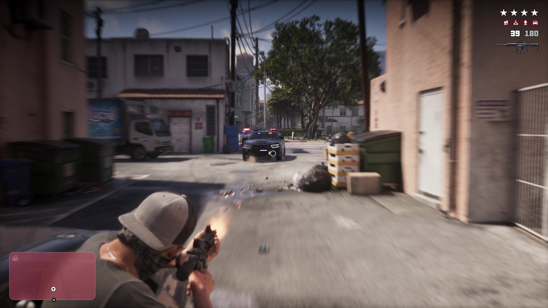 Jason shoots at oncoming police cars in a 4-star Wanted car chase, from the GTA 6 extended look