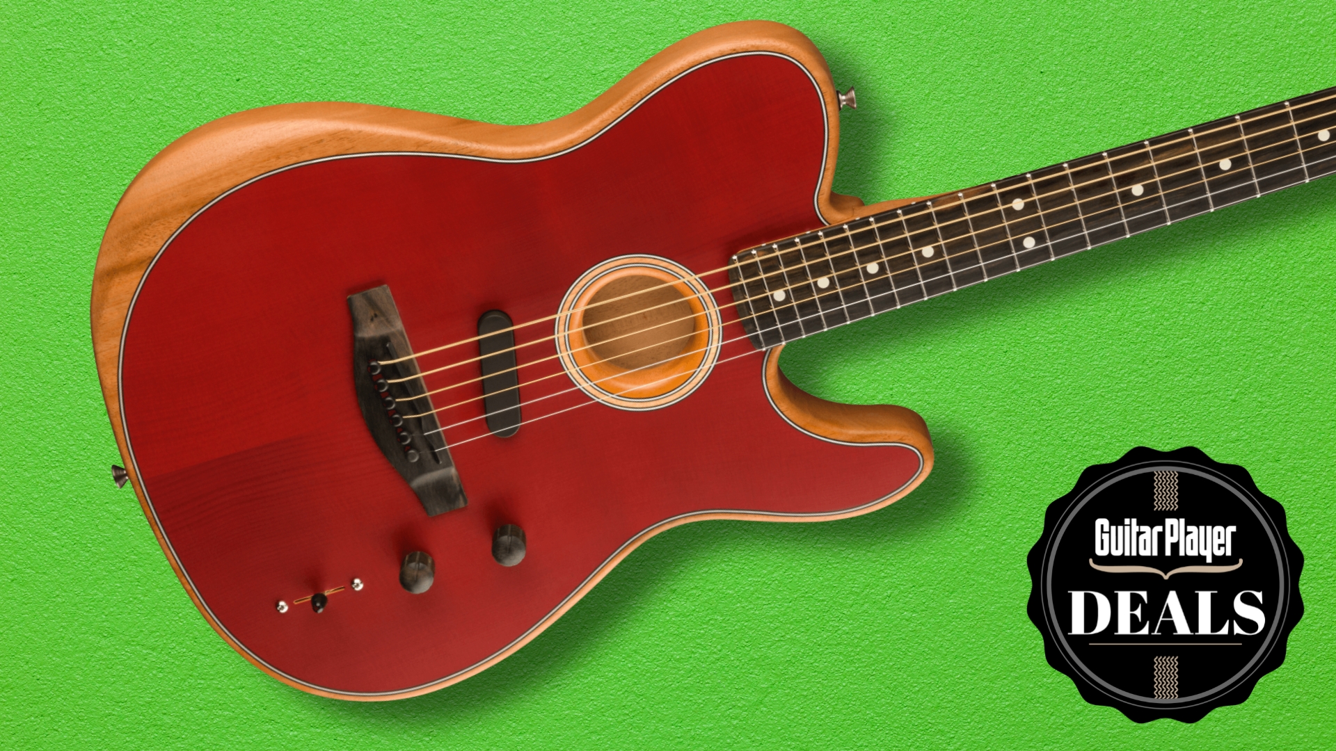 A Fender American Acoustasonic Telecaster on a green background with the Guitar Player deals logo