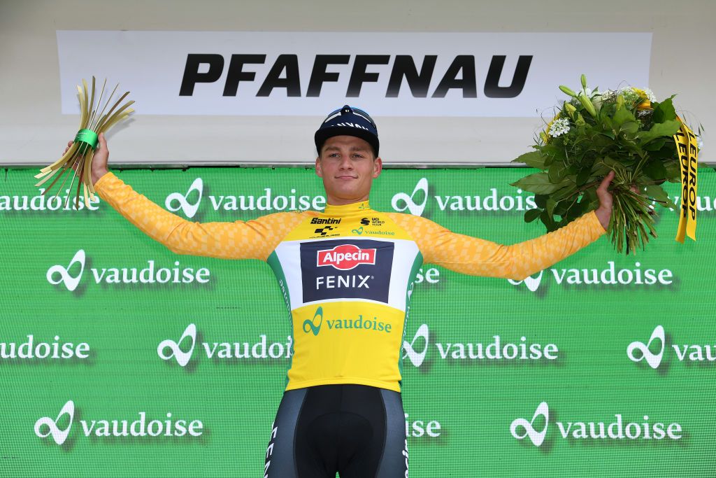 PFAFFNAU SWITZERLAND JUNE 08 Mathieu Van Der Poel of Netherlands and Team AlpecinFenix Yellow Leader Jersey celebrates at podium during the 84th Tour de Suisse 2021 Stage 3 a 185km stage from Lachen to Pfaffnau 509m UCIworldtour tds tourdesuisse on June 08 2021 in Pfaffnau Switzerland Photo by Tim de WaeleGetty Images