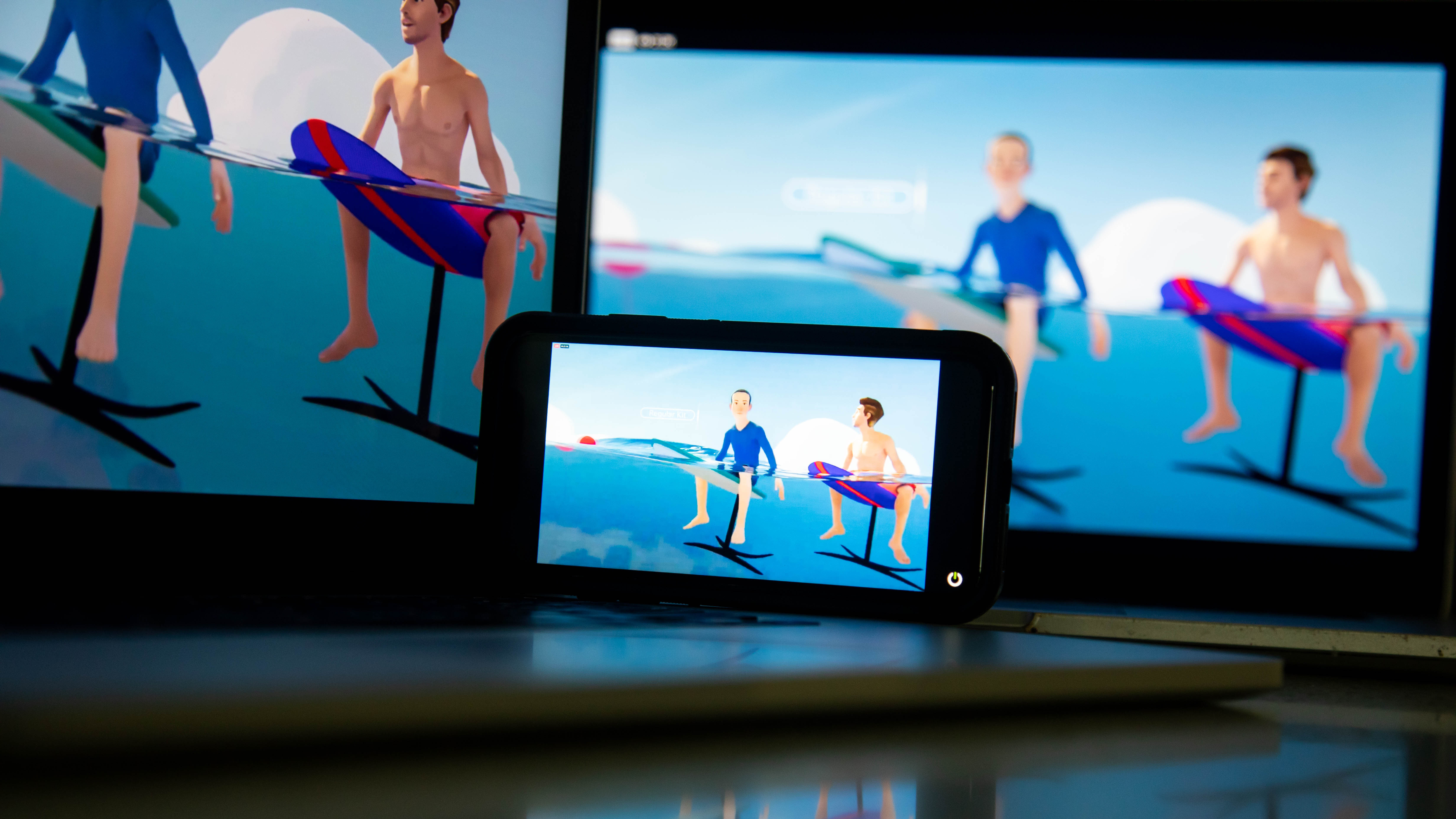 An avatar of Mark Zuckerberg, chief executive officer of Facebook Inc., rides a hydrofoil during the virtual Facebook Connect event.