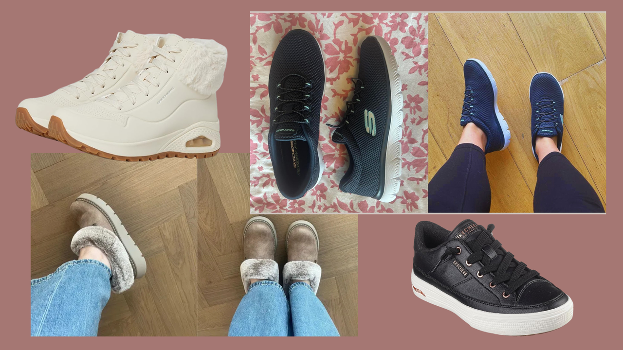 A collage of Skechers shoes, on sale for Amazon Prime Big Deal Days