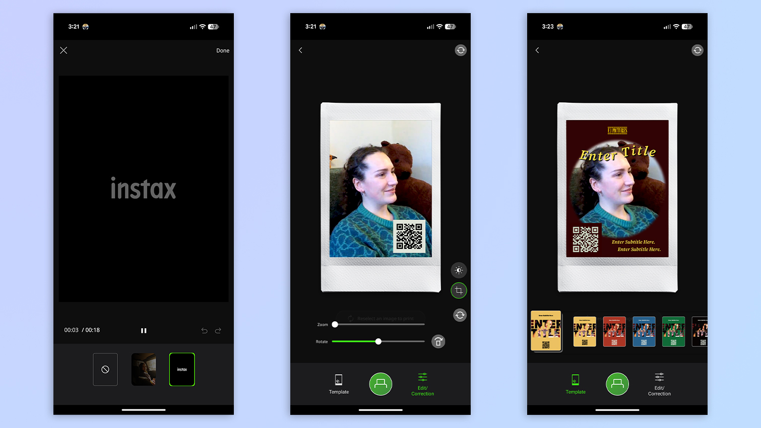 Screenshots of the Fujifilm Instax mini Evo app