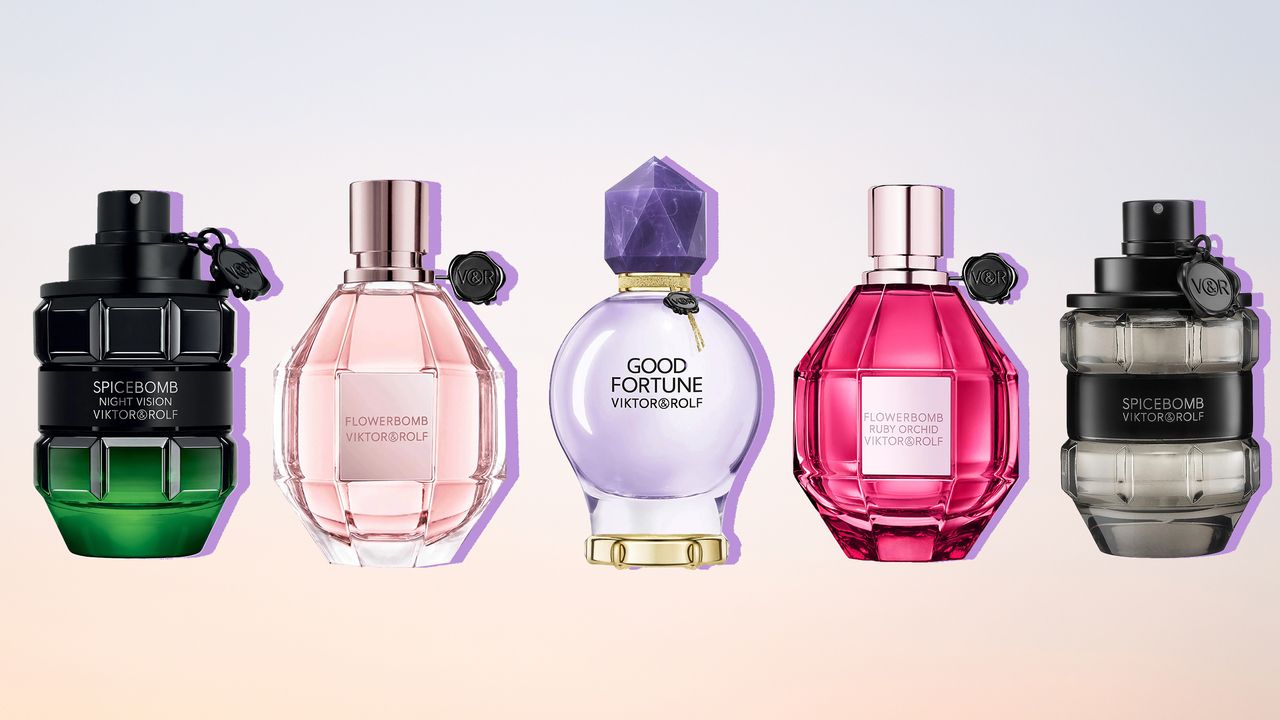 Collage of Viktor &amp; Rolf perfumes on an ombre purple and peach background 