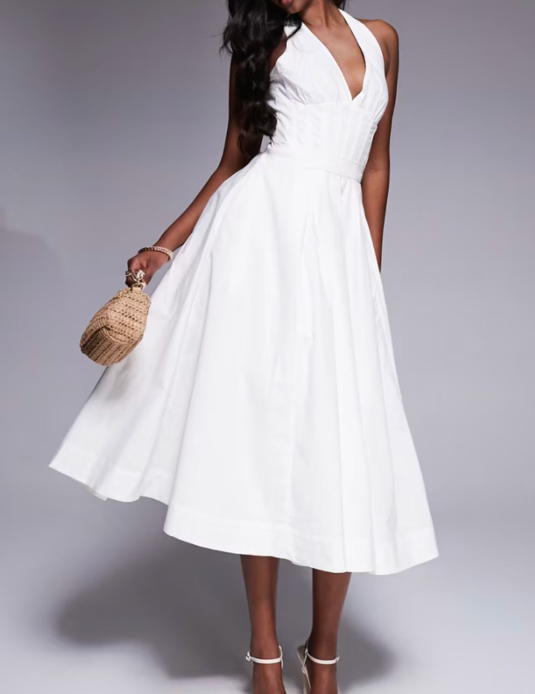 House of CB, Allena cotton halter midi sundress in white