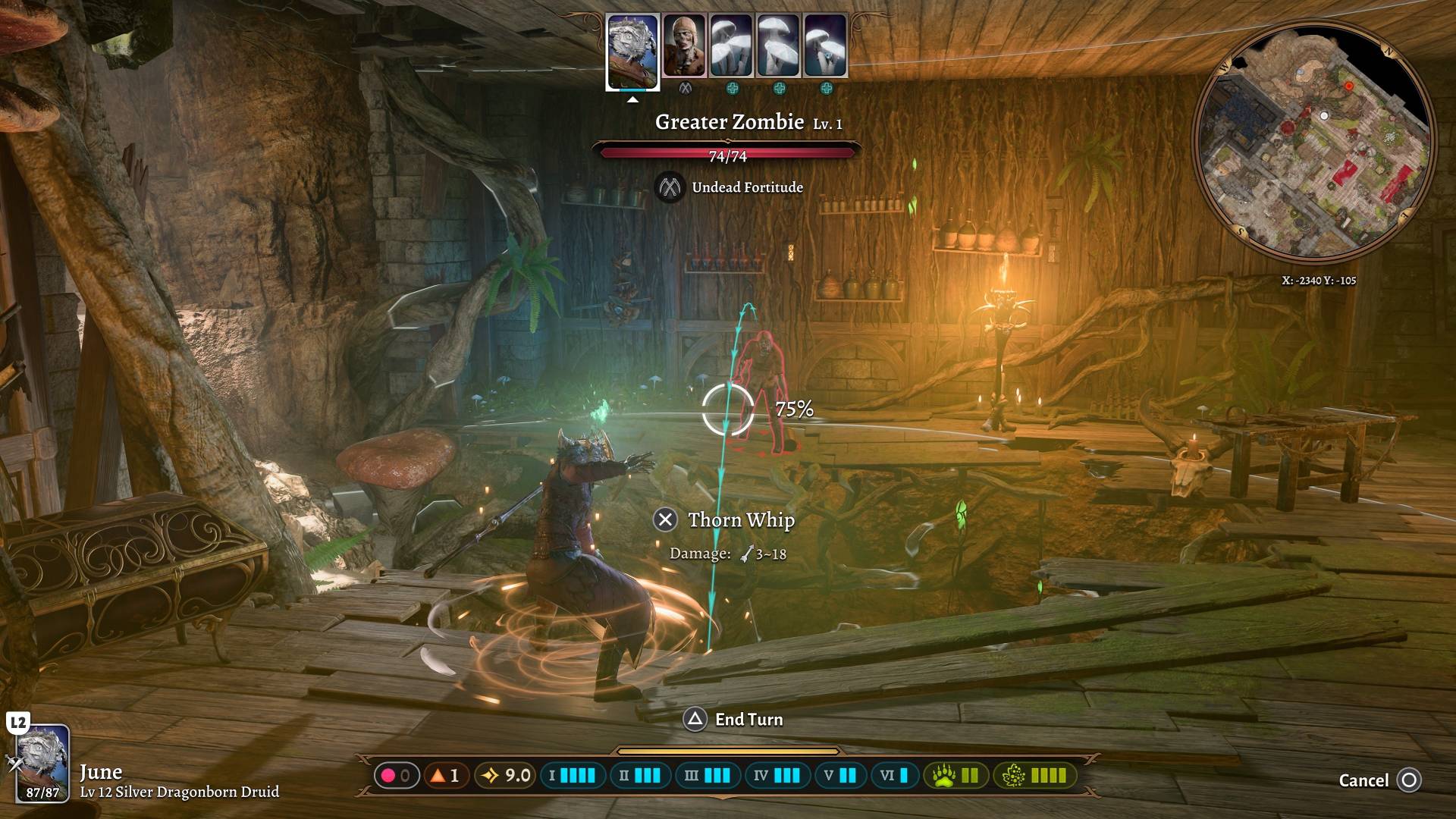 In Baldur's Gate 3 during turn-based combat, a druid using thorn whip on a greater zombie