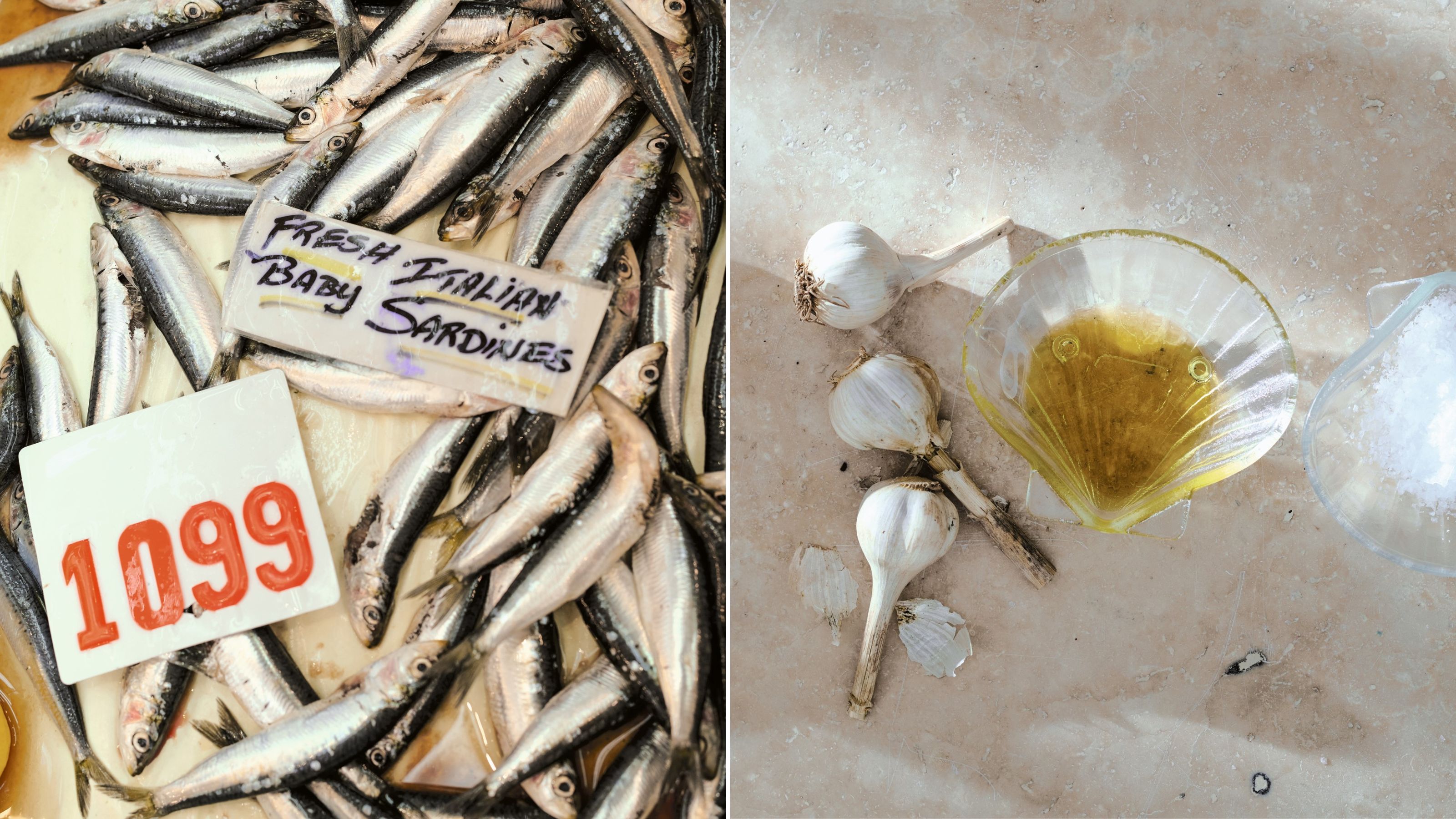 Sardines at the market and a glass clam shell dish with olive oil and garlic