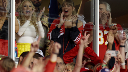 Brittany Mahomes and Taylor Swift celebrate a touchdown by the Kansas City Chiefs against the Denver Broncos