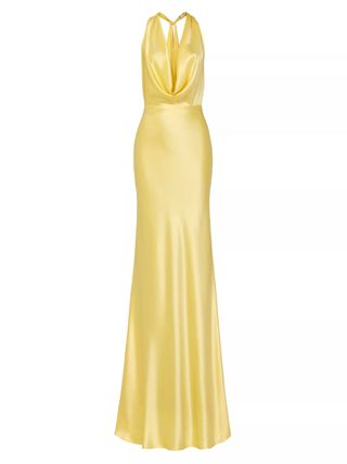 Sau Lee Pearl Satin Cowl-Neck Gown