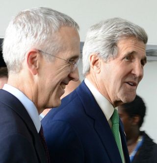 Lead U.S. climate negotiator, Todd Stern, left, and U.S. Secretary of State John Kerry in Lima on Thursday.