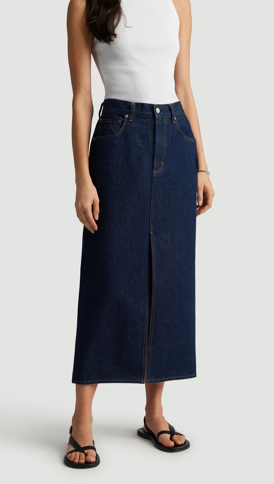 Straight, calf-length denim skirt.