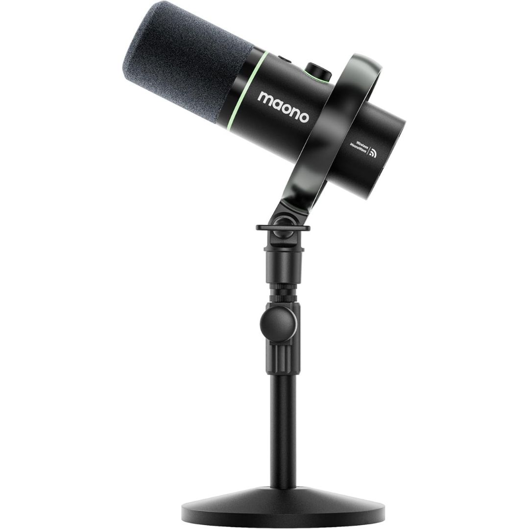 The black Maono PD200W microphone on a white background