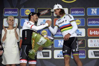 Fabian Cancellara congratulates Peter Sagan on his victory in the 2016 Tour of Flanders