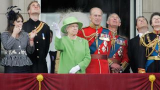 Queen Elizabeth II watches the RAF flypast from the balcony of Buckingham Palace with (L-R) Princess Eugenie, Prince William, Prince Philip, Duke of Edinburgh, Prince Charles, Prince of Wales, David, Viscount Linley and Princess Anne, Princess Royal during Trooping the Colour celebrations on June 16, 2007 in London, England