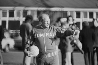 English former soccer player and manager of the England team Ron Greenwood (1921 - 2006) during training, UK, 15th November 1977.