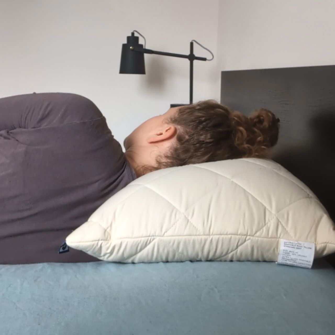 The Woolroom Natural Latex Washable Wool Pillow being tested at home