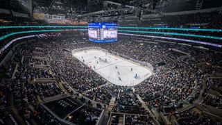 A high-from-above glimpse of an LA Kings game at Crypto.com Arena.