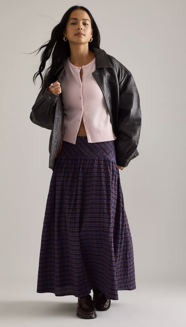 Anthropologie, By Anthropologie Basque Waist Check Midi Skirt