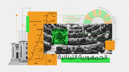 Infographic illustration of Lebanese politicians, parliament building, list of political parties and map