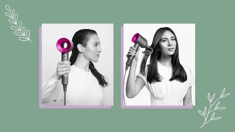 Banner image for best Dyson hair dryer deals features a couple of models demonstrating the product