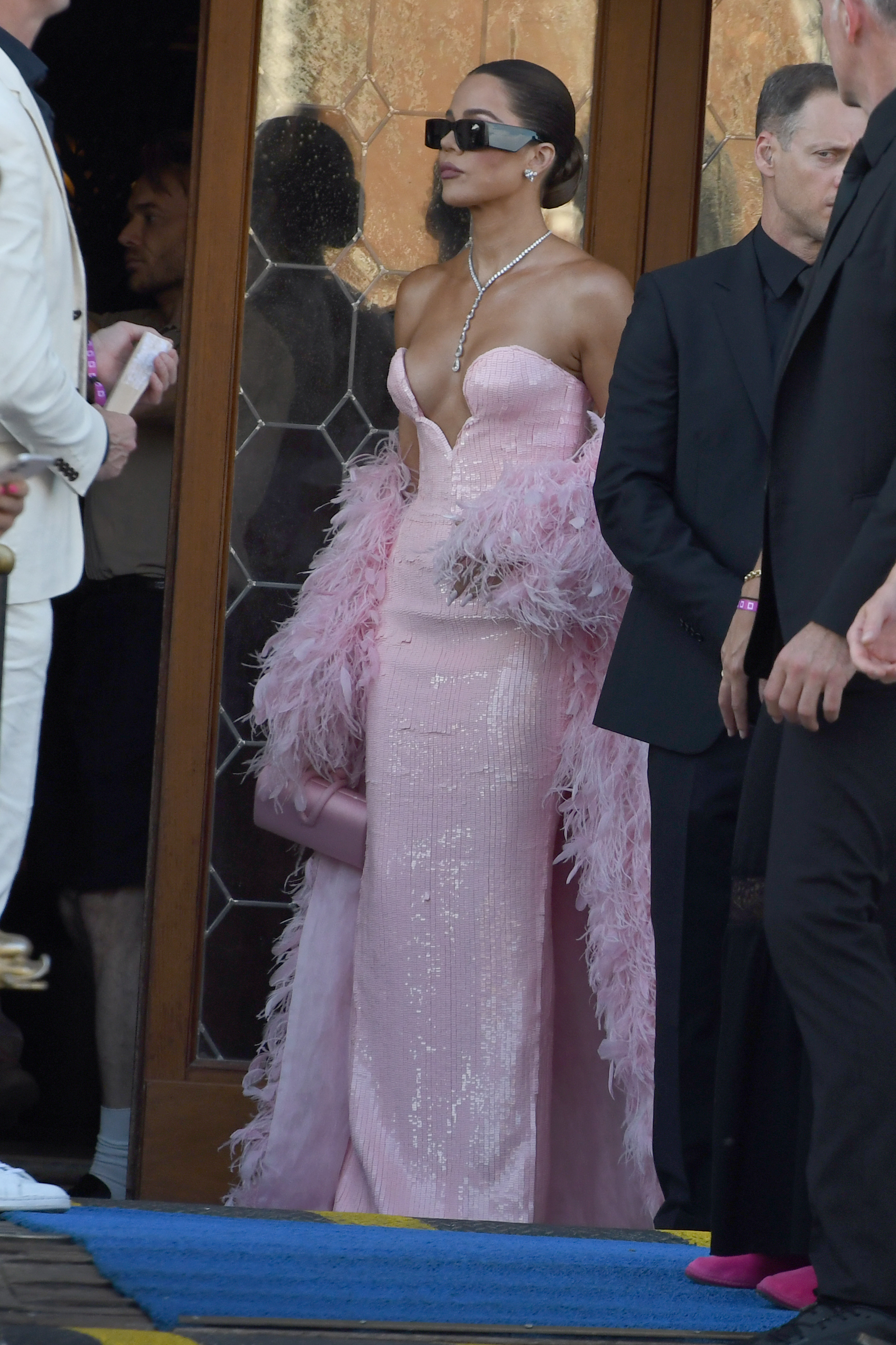 Khloe Kardashian pink feathered gown in Venice