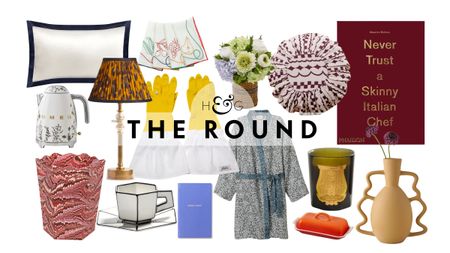 Mother's Day gifts, including a silk pillowcase, SMEG tea kettle, marbled wastebasket, table lamp, dishwashing gloves, patterned robe, throw pillow, Venus et Fleur flowers, candle, vase, and cookbook