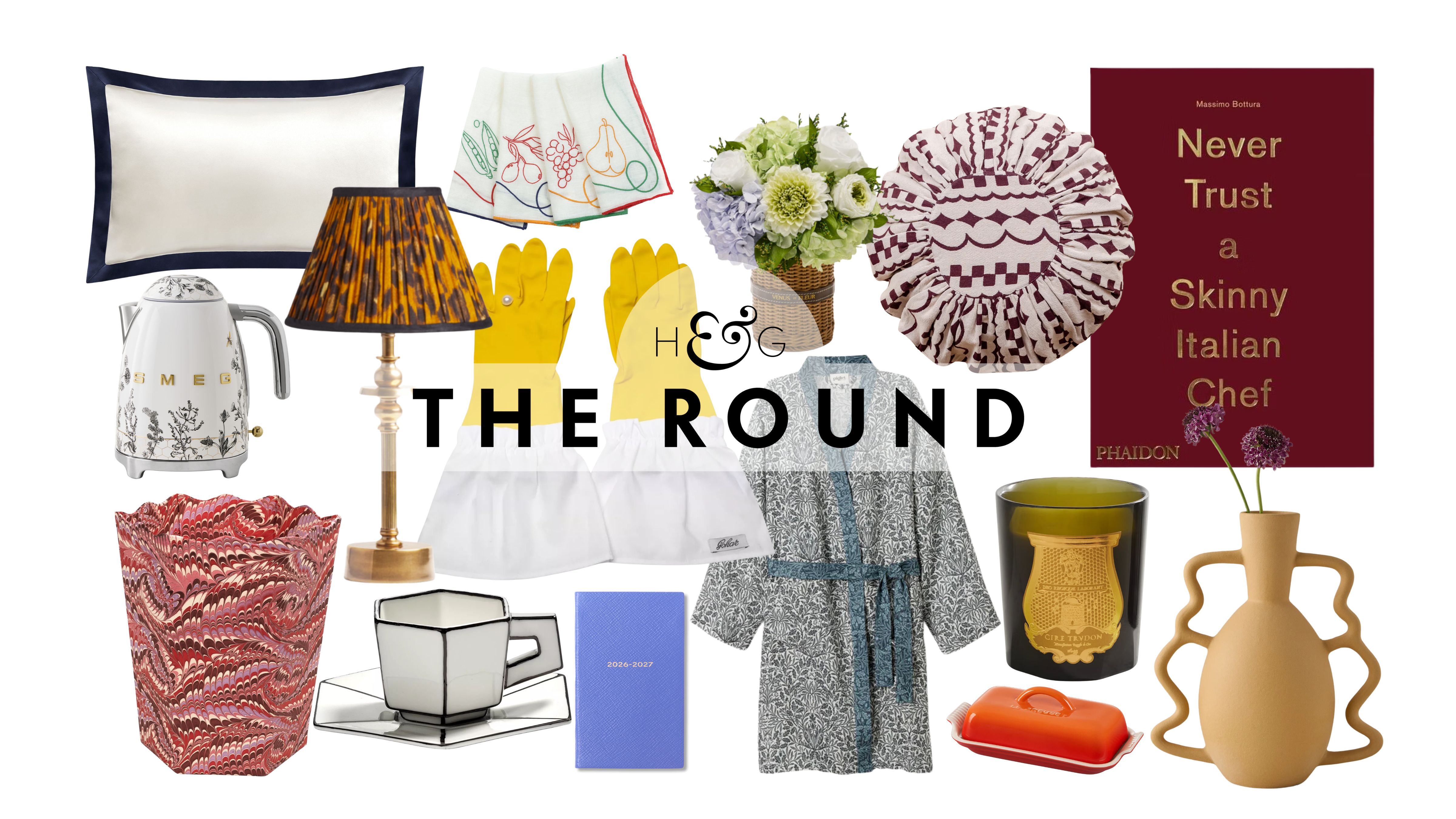 Mother's Day gifts, including a silk pillowcase, SMEG tea kettle, marbled wastebasket, table lamp, dishwashing gloves, patterned robe, throw pillow, Venus et Fleur flowers, candle, vase, and cookbook