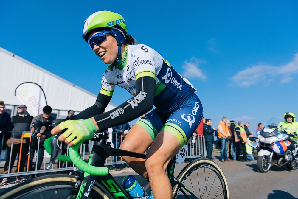 Lizzie Williams enjoying the sunshine if not the climb at Ronde van Drenthe
