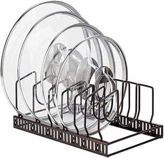 Toplife Pot Lids Organizer Rack for Cabinet and Countertop, 7+ Pan Lids and Bakeware Organizer Rack Holder With 7 Adjustable Compartments - Brown