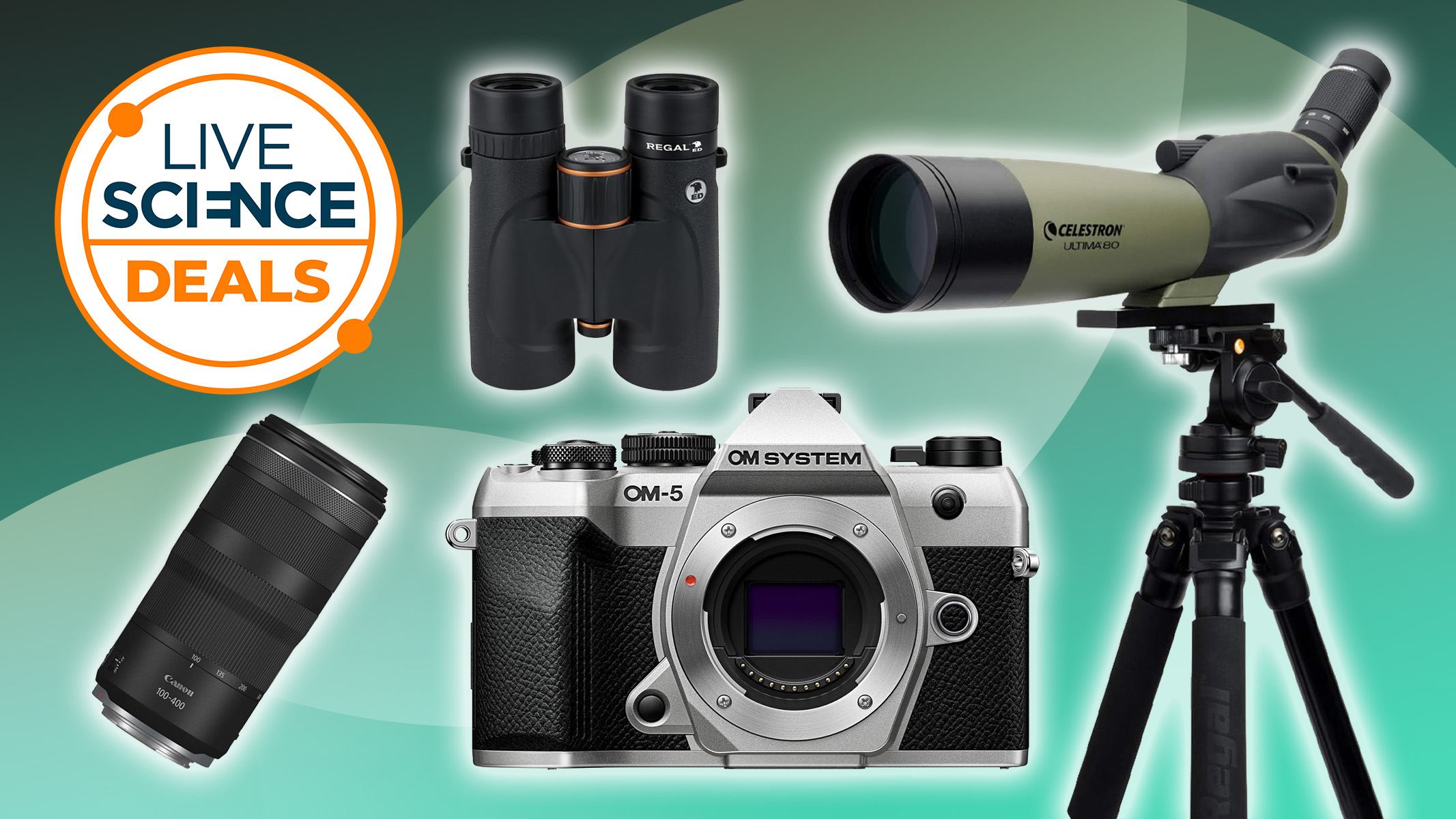 camera, lens, spotting scope and binoculars on a green background