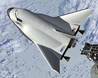 An artist's concept of Sierra Nevada's Dream Chaser space plane docking with the International Space Station.