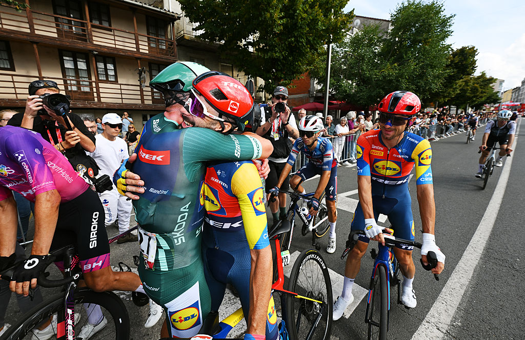 MONFORTE DE LEMOS, SPAIN - SEPTEMBER 07: Stage winner Mads Pedersen of Denmark and Team Lidl - Trek - Green Points Jersey reacts with his teammate Julien Bernard of France after the La Vuelta - 80th Tour of Spain 2025, Stage 15 a 167.8km stage from A Veiga-Vegadeo to Monforte de Lemos / #UCIWT / on September 07, 2025 in Monforte de Lemos, Spain. (Photo by Dario Belingheri/Getty Images)